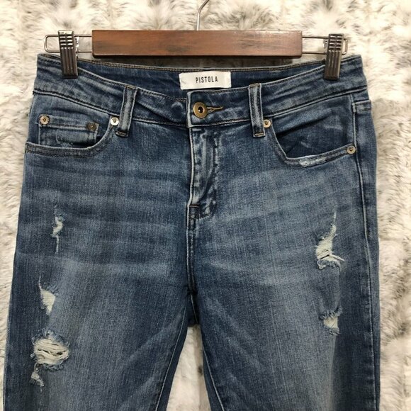 PISTOLA Stretch Mid Rise Skinny Distressed Jeans Raw Frayed Hem Women's Size 27 - Picture 3 of 10